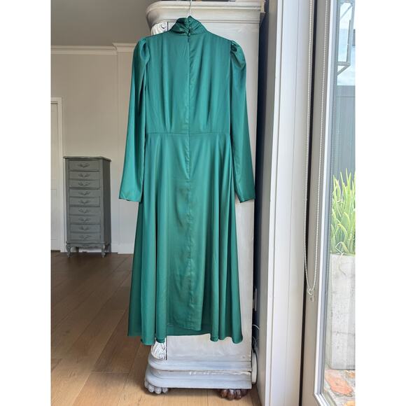 Alexia Admor Dress Sz 8 Emerald Green Satin Midi High Neck Long Sleeve NWT - Picture 2 of 8